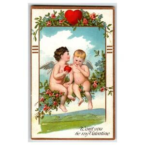 Vintage 1913 Valentine Postcard Cherubs Red Heart Embossed "Printed in Germany"